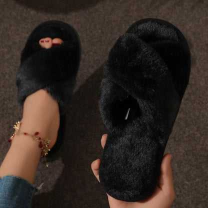 Women’s Cross Band Fur Slippers Indoor Furry Fuzzy Open Toe Shoes Home Cozy Warm Slides Double Straps Slipper Soft Sole Non Slip