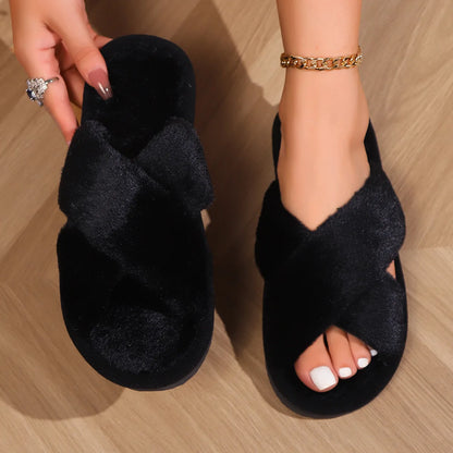 Women’s Cross Band Fur Slippers Indoor Furry Fuzzy Open Toe Shoes Home Cozy Warm Slides Double Straps Slipper Soft Sole Non Slip