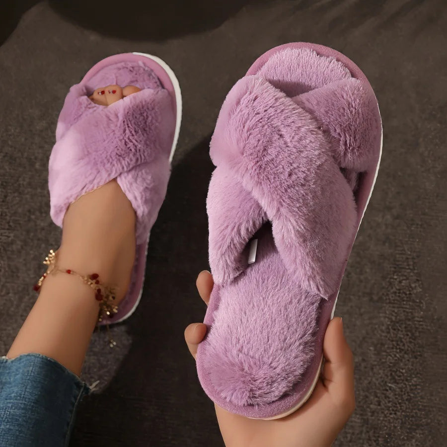 Women’s Cross Band Fur Slippers Indoor Furry Fuzzy Open Toe Shoes Home Cozy Warm Slides Double Straps Slipper Soft Sole Non Slip