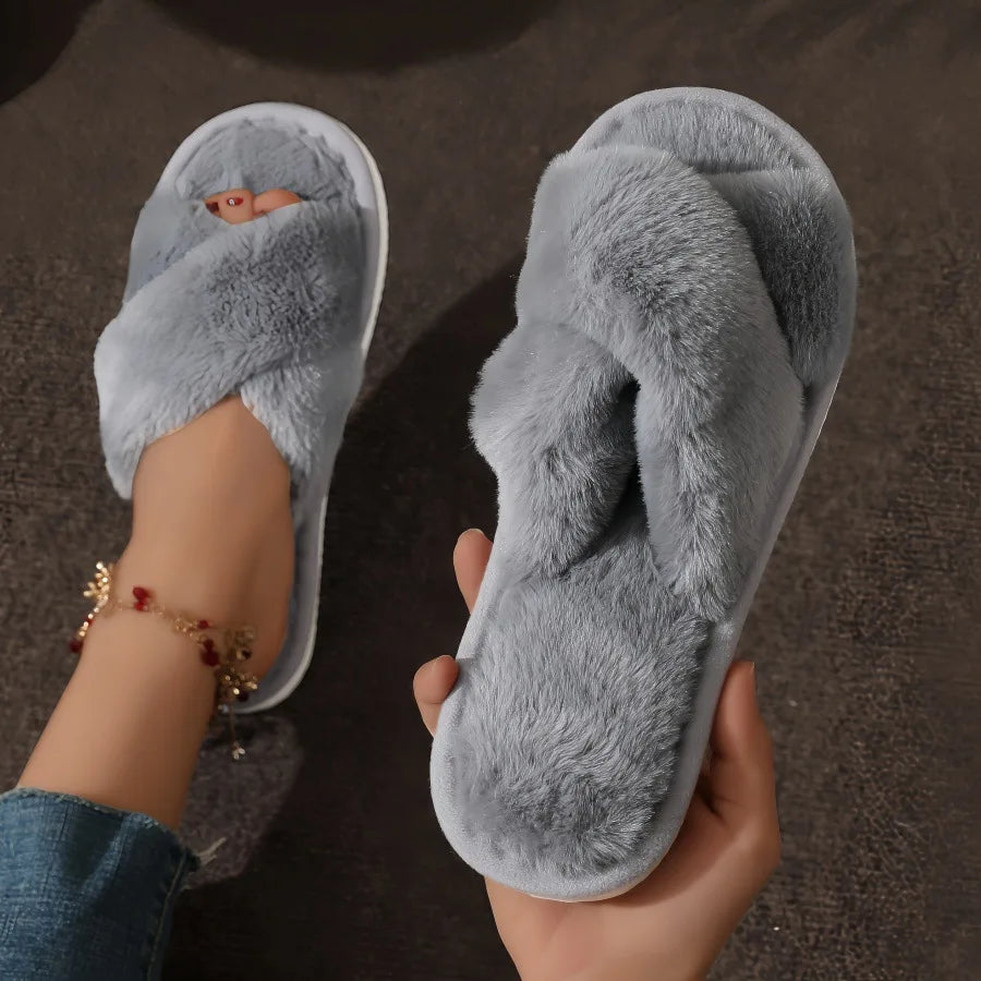 Women’s Cross Band Fur Slippers Indoor Furry Fuzzy Open Toe Shoes Home Cozy Warm Slides Double Straps Slipper Soft Sole Non Slip